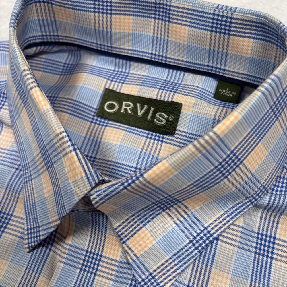 Orvis Button Shirt Men L Blue Glen Plaid Short Sleeve Casual Outdoor Golf Resort